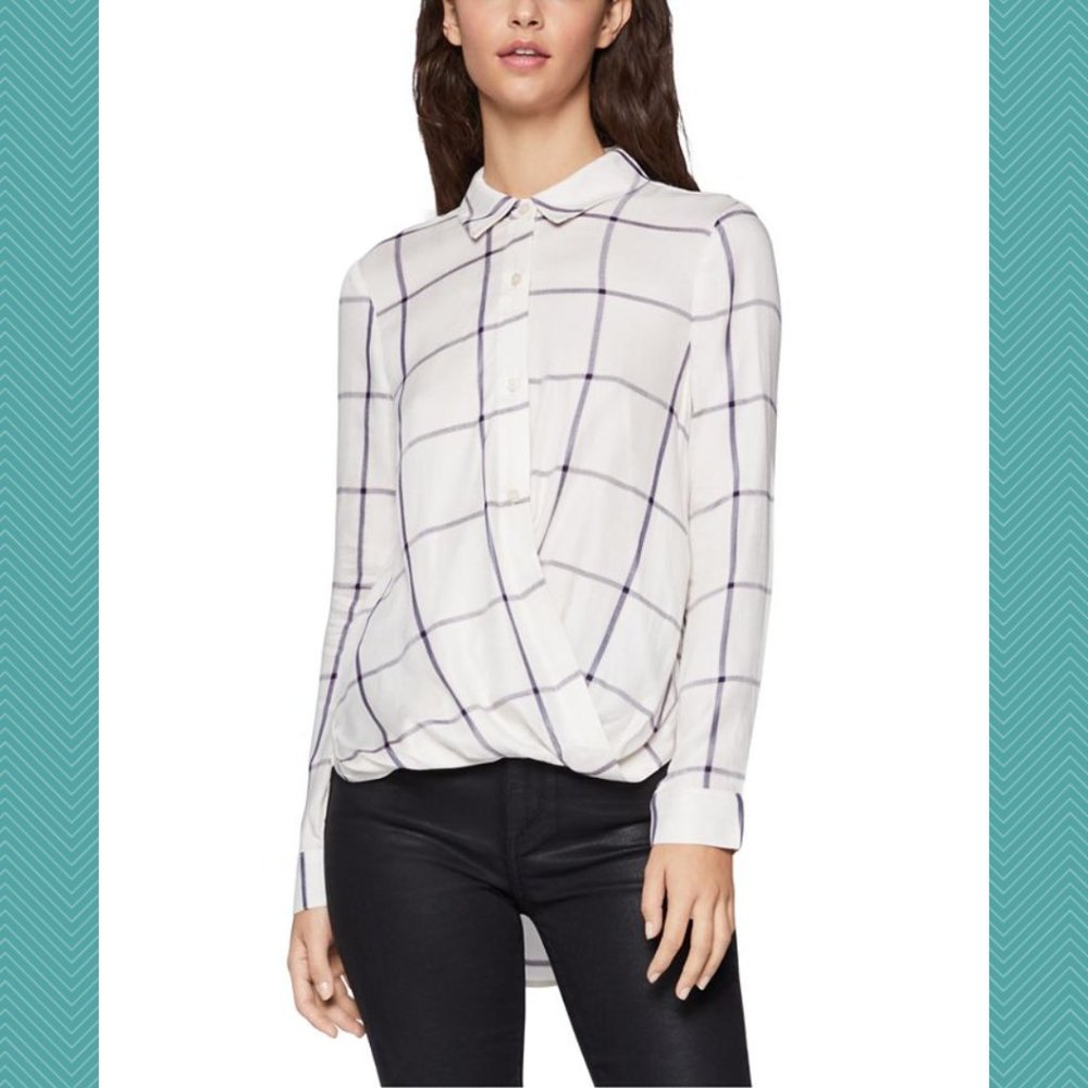 BCBGeneration Ivory Windowpane Checks Surplice High Low Blouse